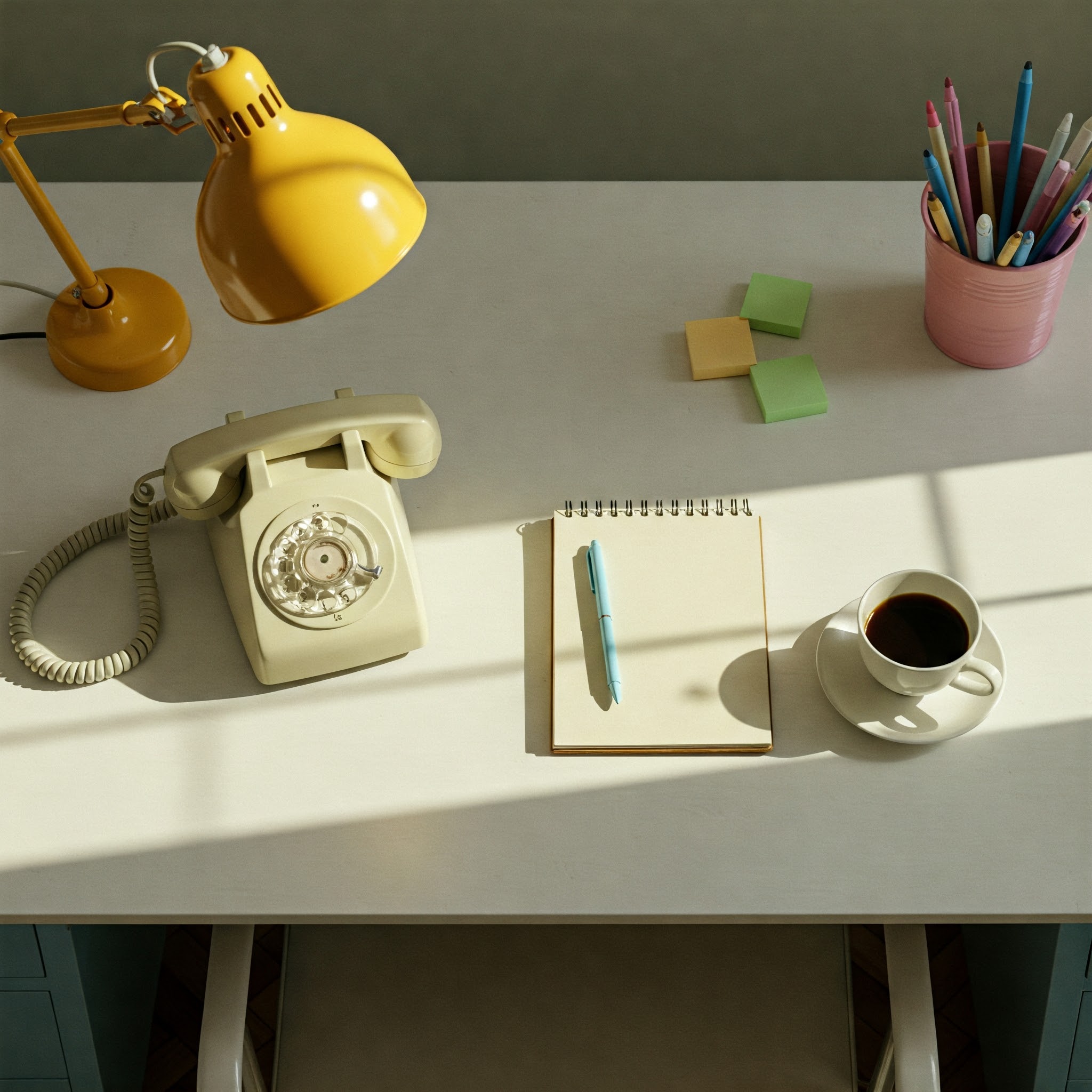 A minimalist desk setup with a yellow lamp, vintage rotary phone, notepad, and coffee
